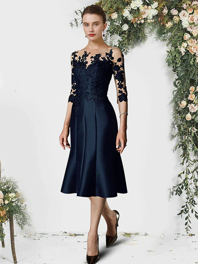 Wholesale Mermaid / Trumpet Mother of the Bride Dress Elegant Jewel Neck Knee Length Satin Lace Half Sleeve with Pleats Appliques